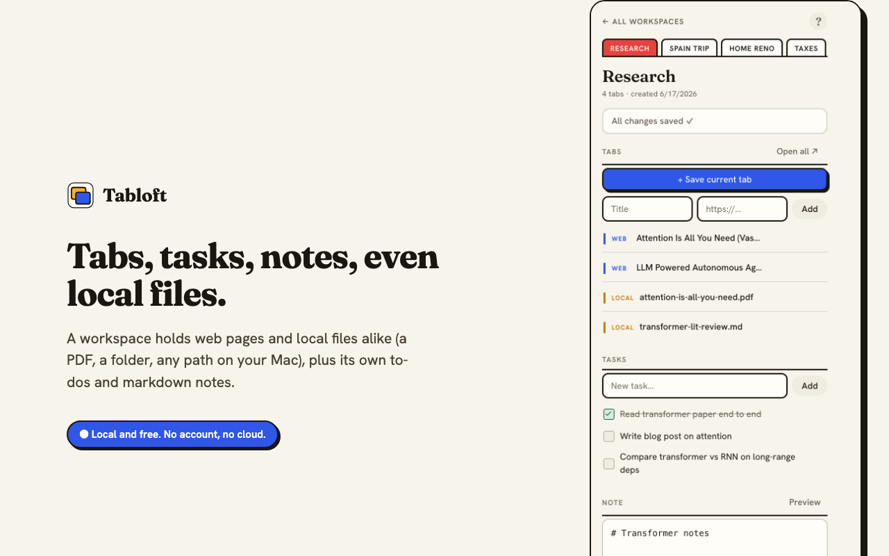 A workspace holding local files alongside its tabs.