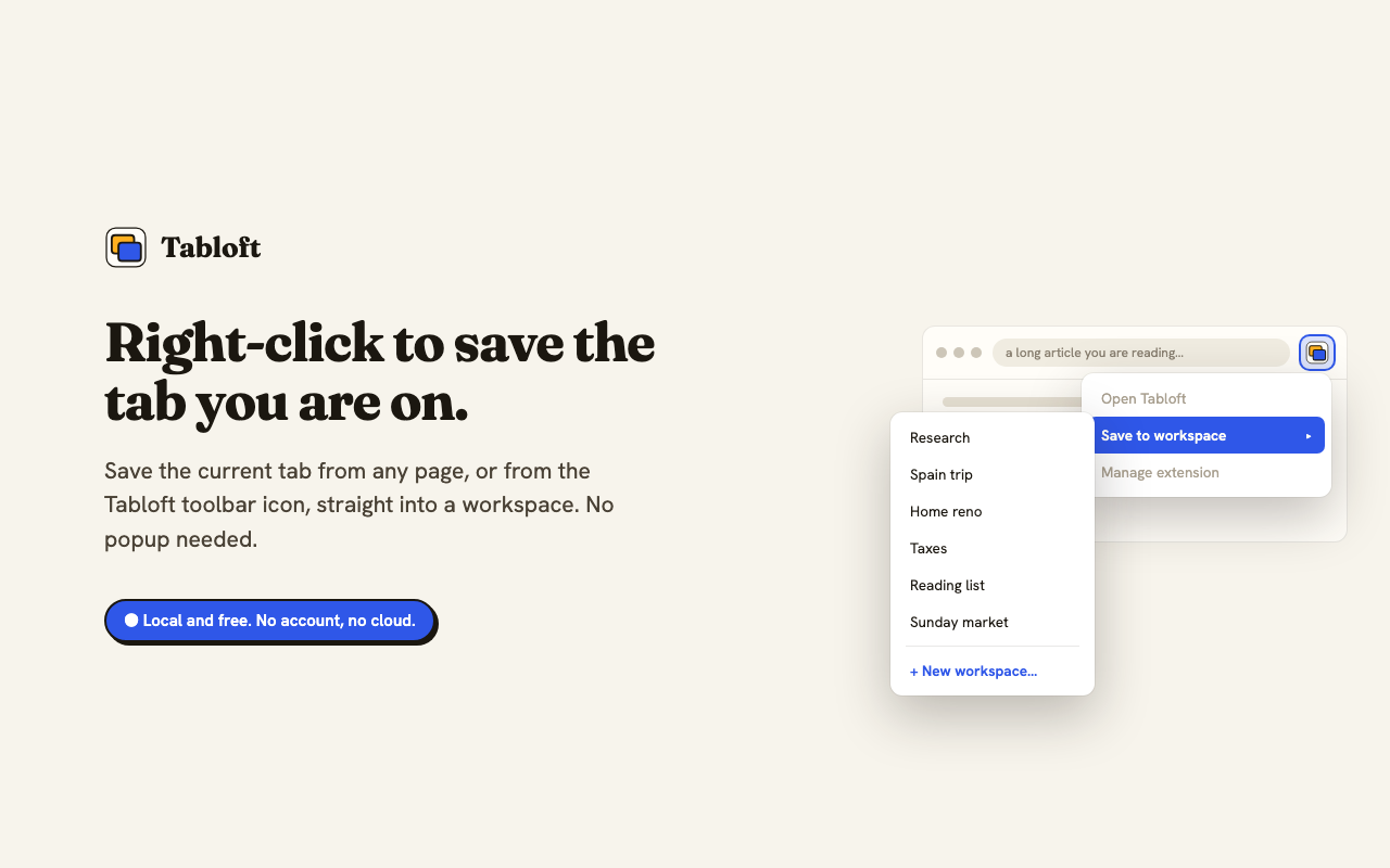 Right-clicking a page to save the current tab into a workspace.