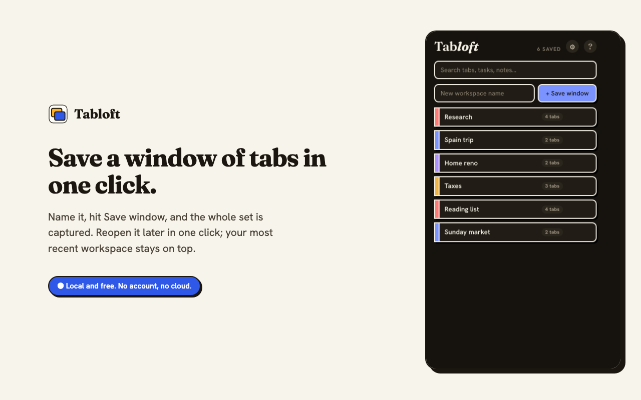 Saving a window of tabs as a named workspace.